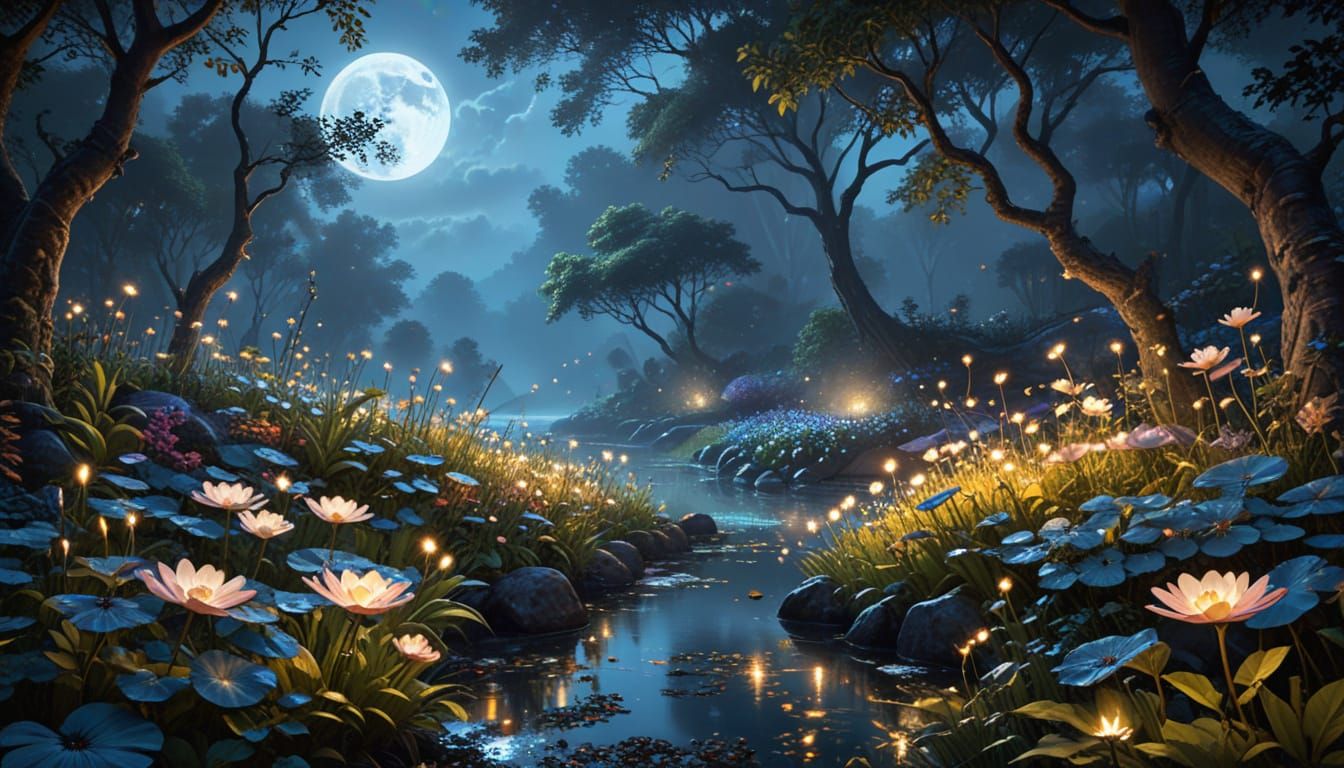 Serene Garden with Sunlit Flowers and Moonlit Shadows as Oil...