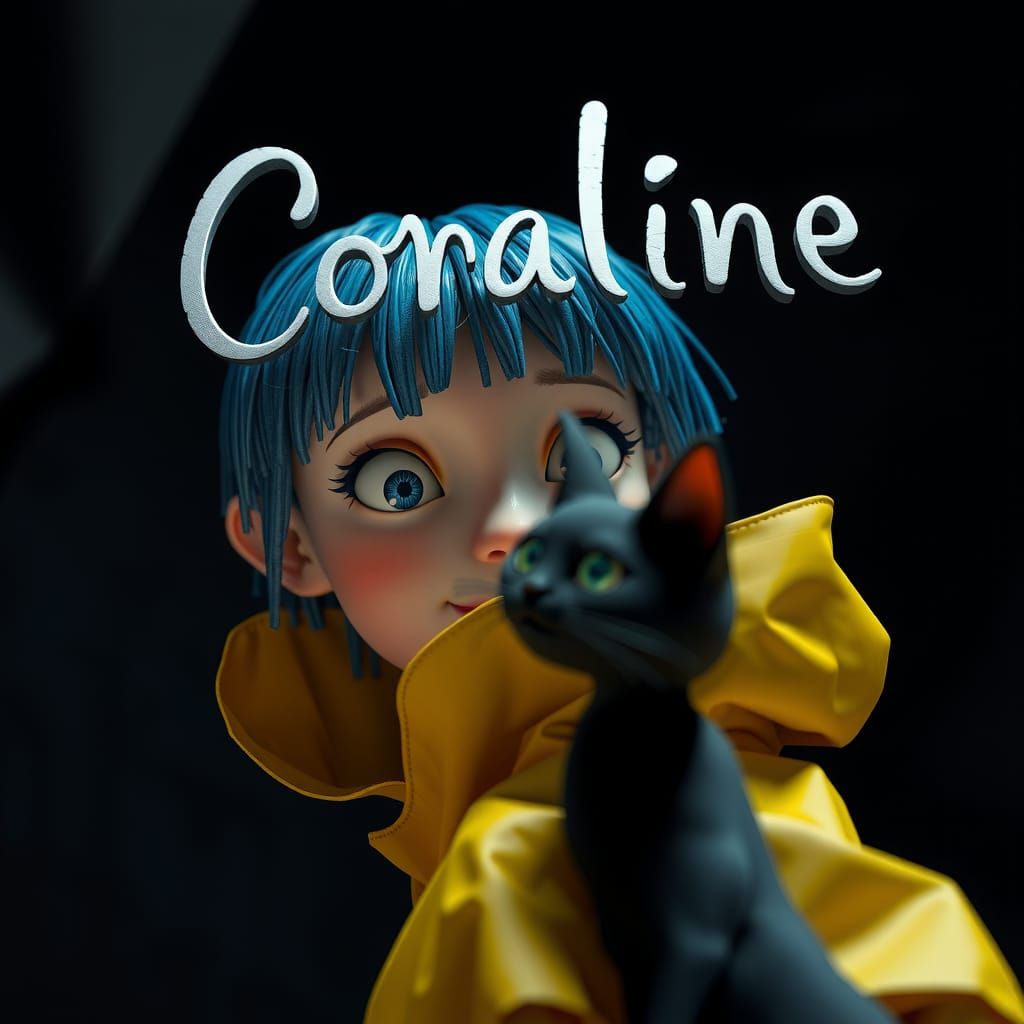 cinematic view of Coraline looking affectionately at the bla...
