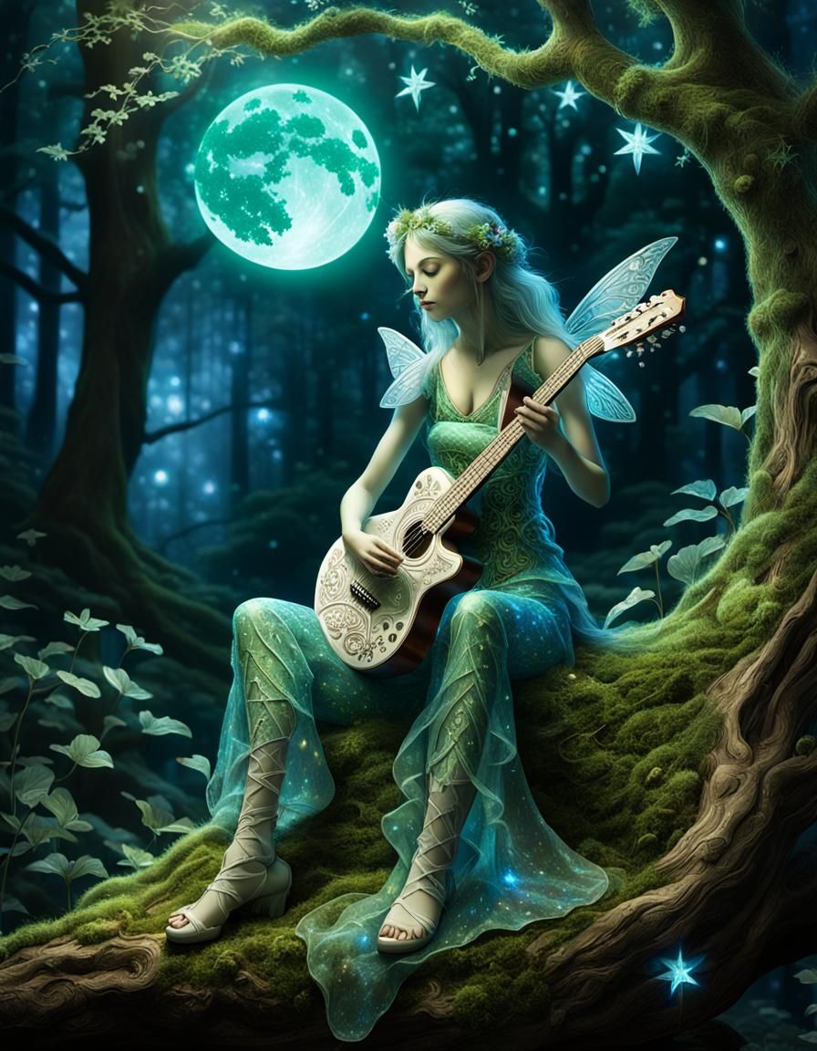 a fairy sitting on a tree trunk, playing a guitar