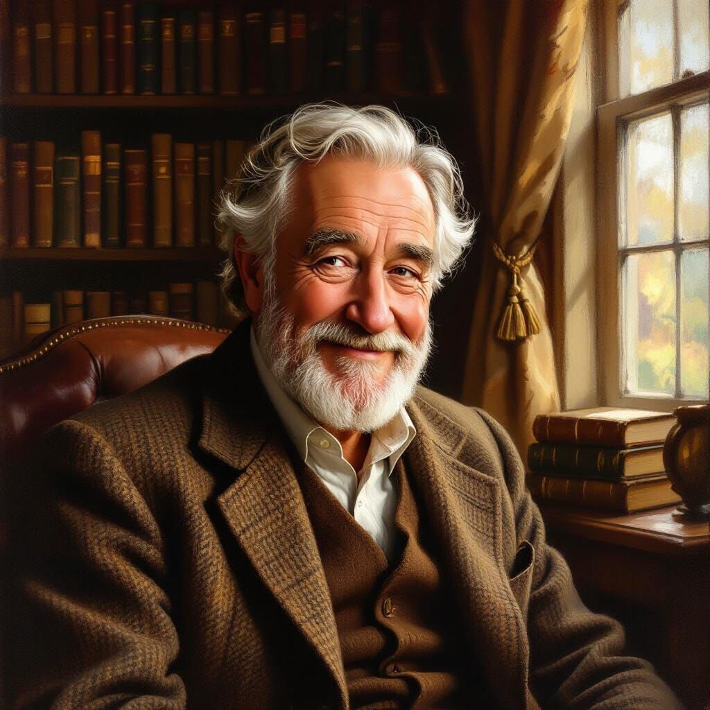 Distinguished Grandfather in Cozy Study, Classical Oil Paint...