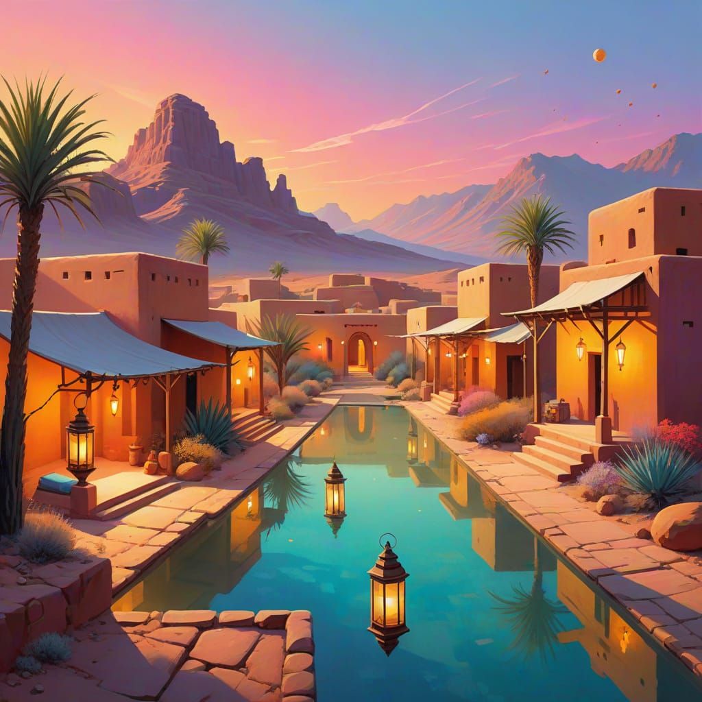 Deserted Oasis at Dusk: Minimalist Surrealism