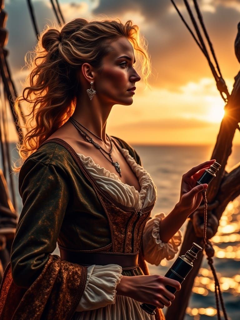 Elegant Woman on Ship's Bow, Sunset Golden Hour