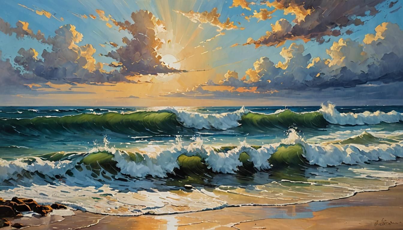 Palette Knife Painting of Ocean Waves and Clouds