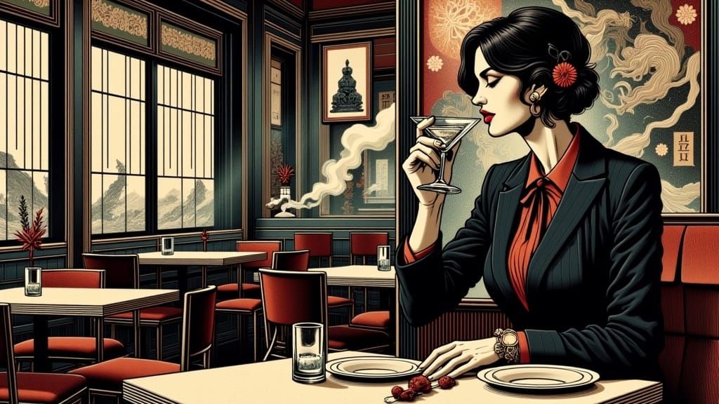 Retro Woman Sipping Martini in Ukiyo-e Style