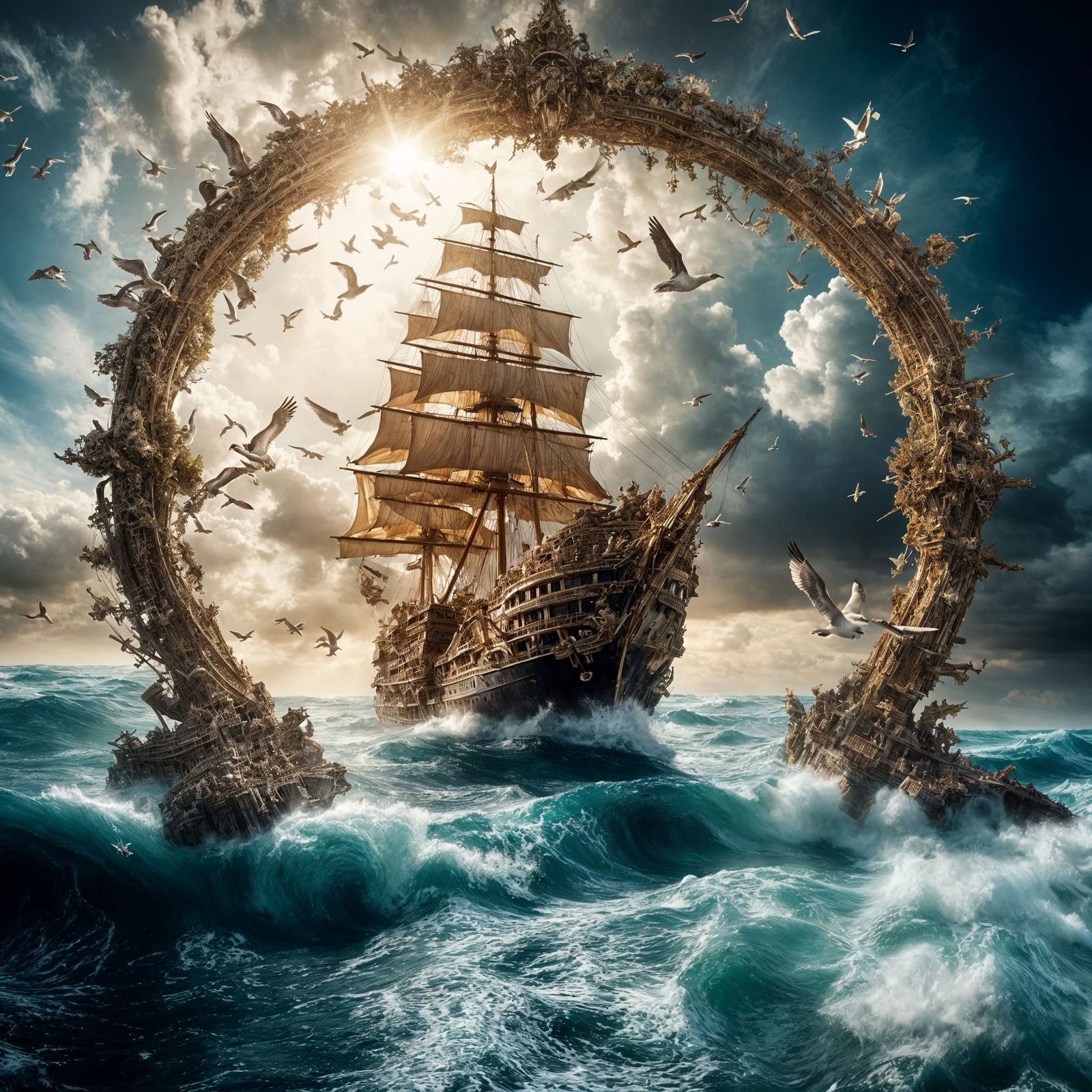 Radiant Ship Ascends Through Heavenly Portal