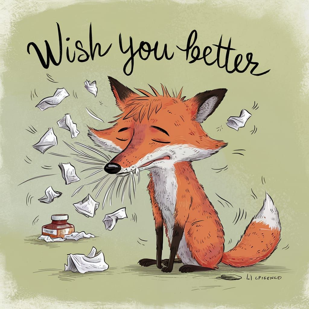 Cartoon Fox Feeling Unwell and Sneezing