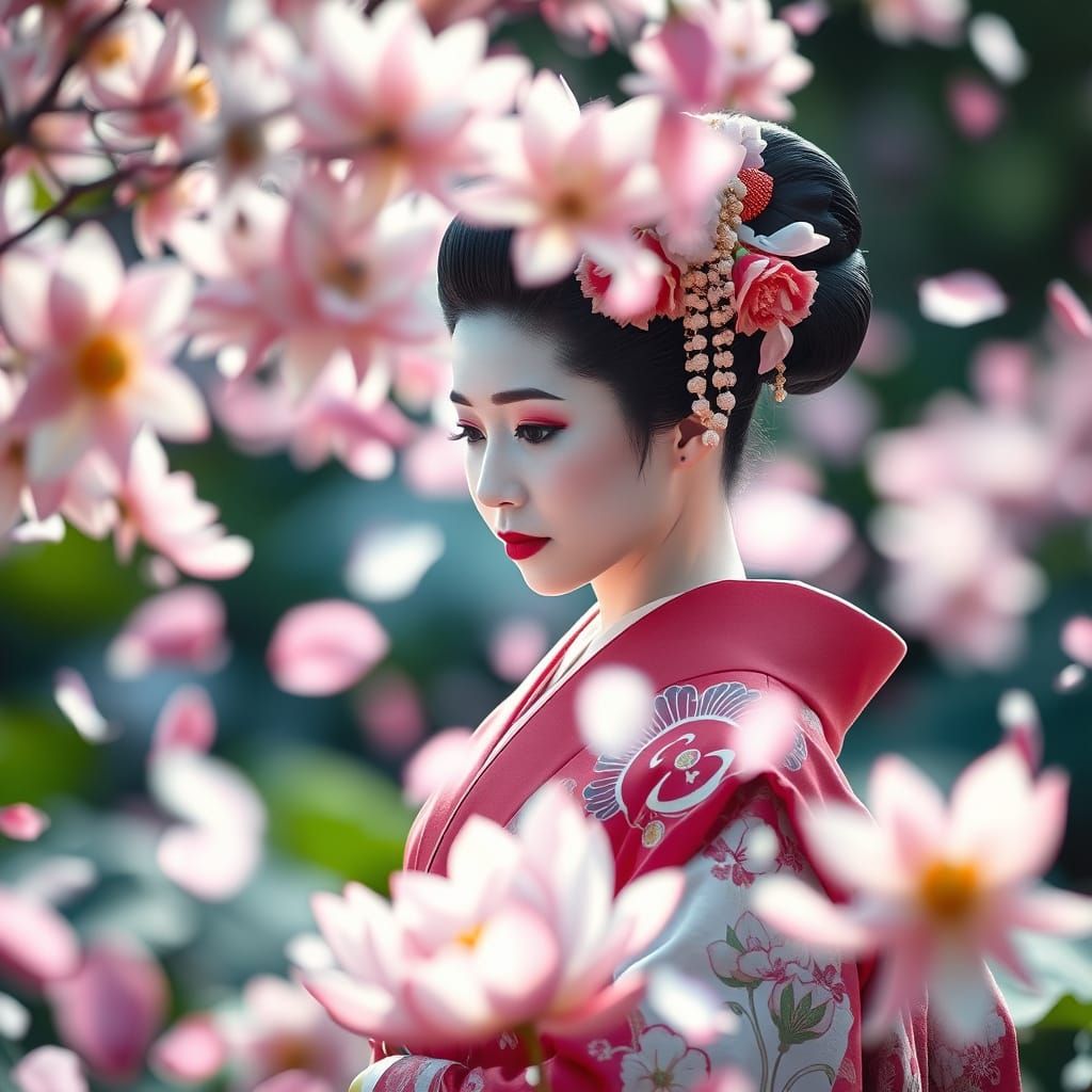 Geisha Surrounded by Flowers in Dreamy Photo