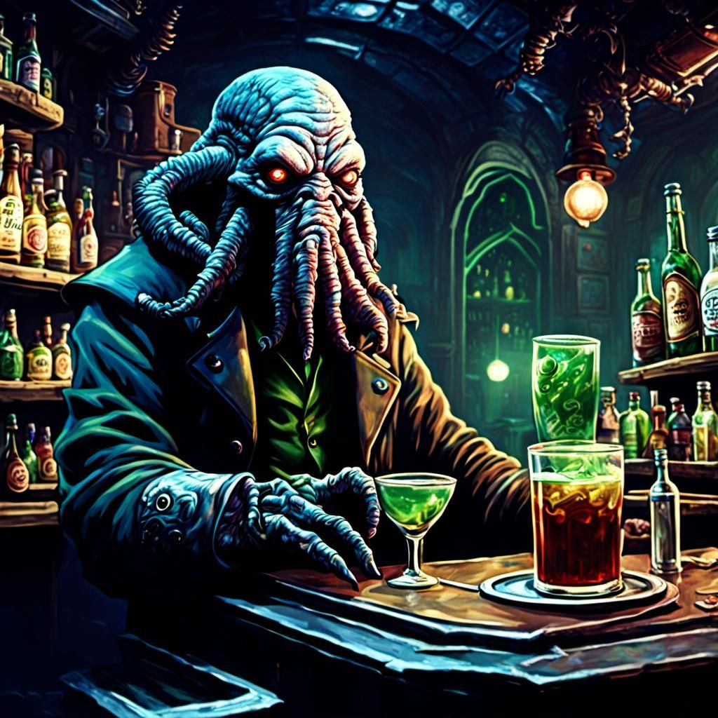 Lovecraftian Bartender in Space Bar: Matte Painting