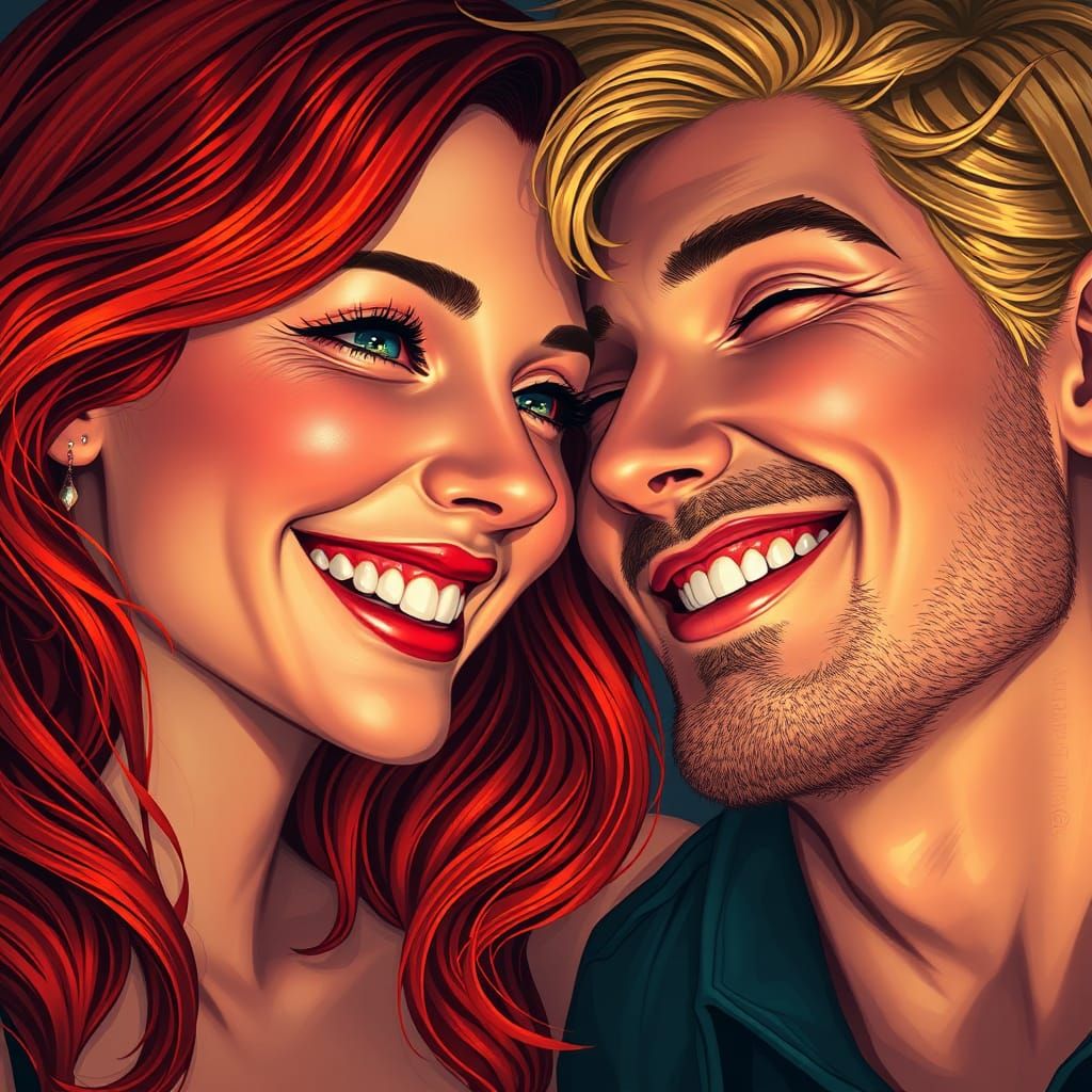 Smiling Couple Portrait in Art Nouveau Anime Style