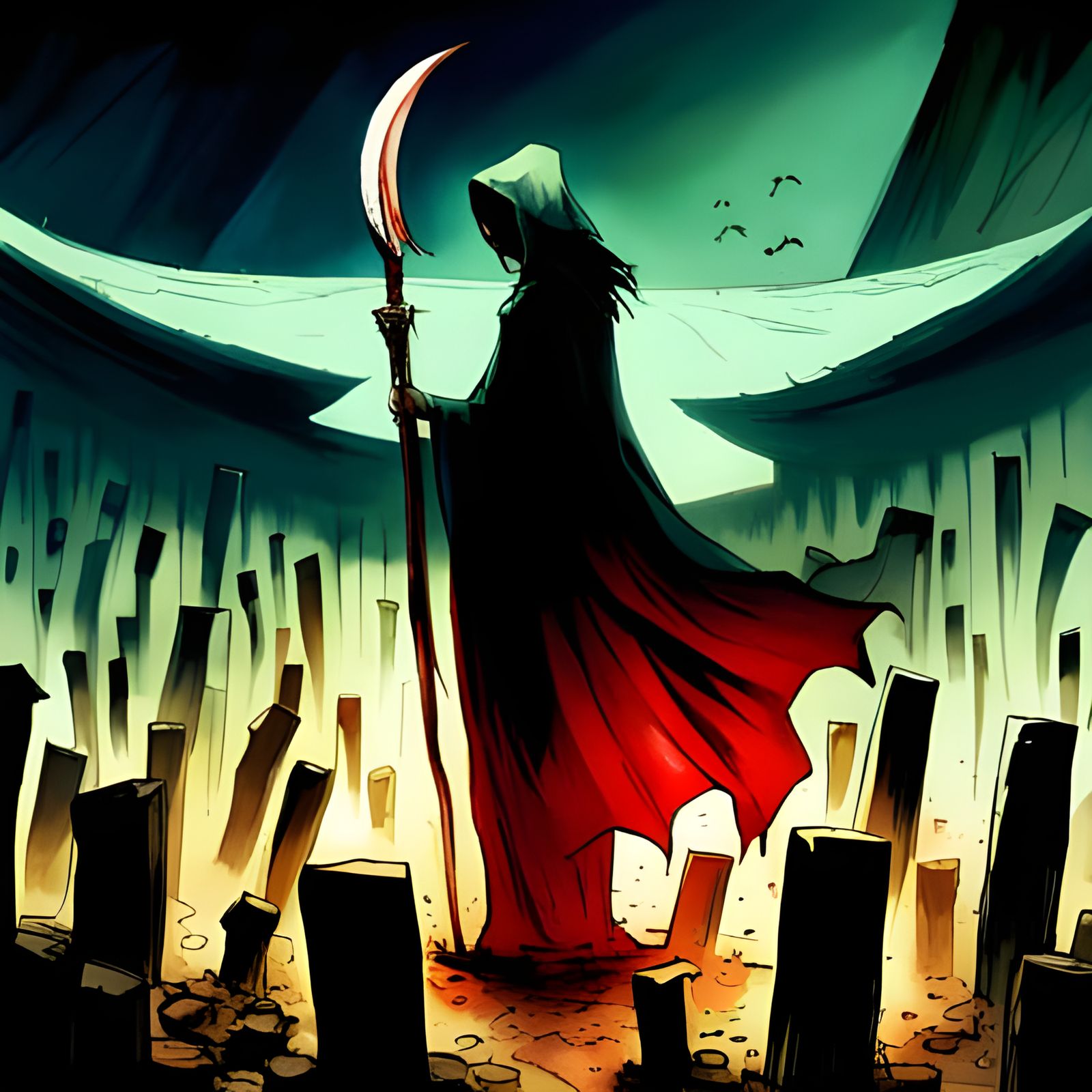 Feminine Grim Reaper in Graveyard With Growing Wings