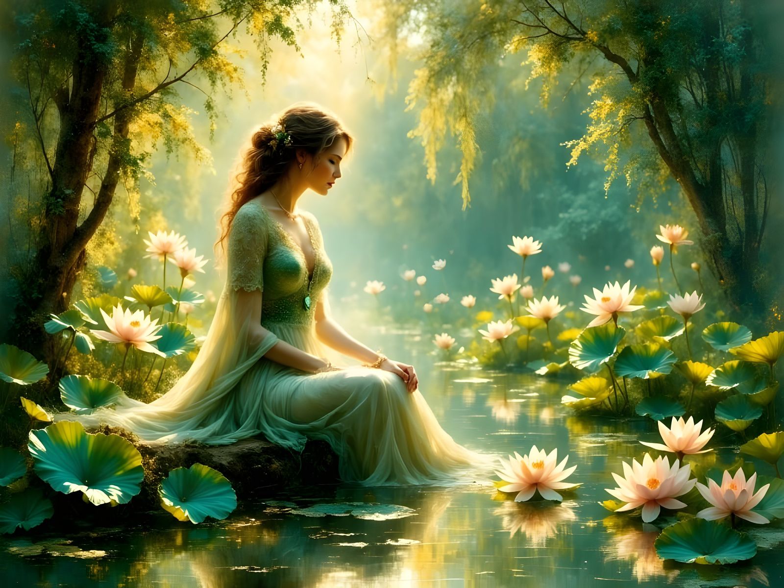 Ethereal Norse Goddess in a Whimsical Lily Pond Scene