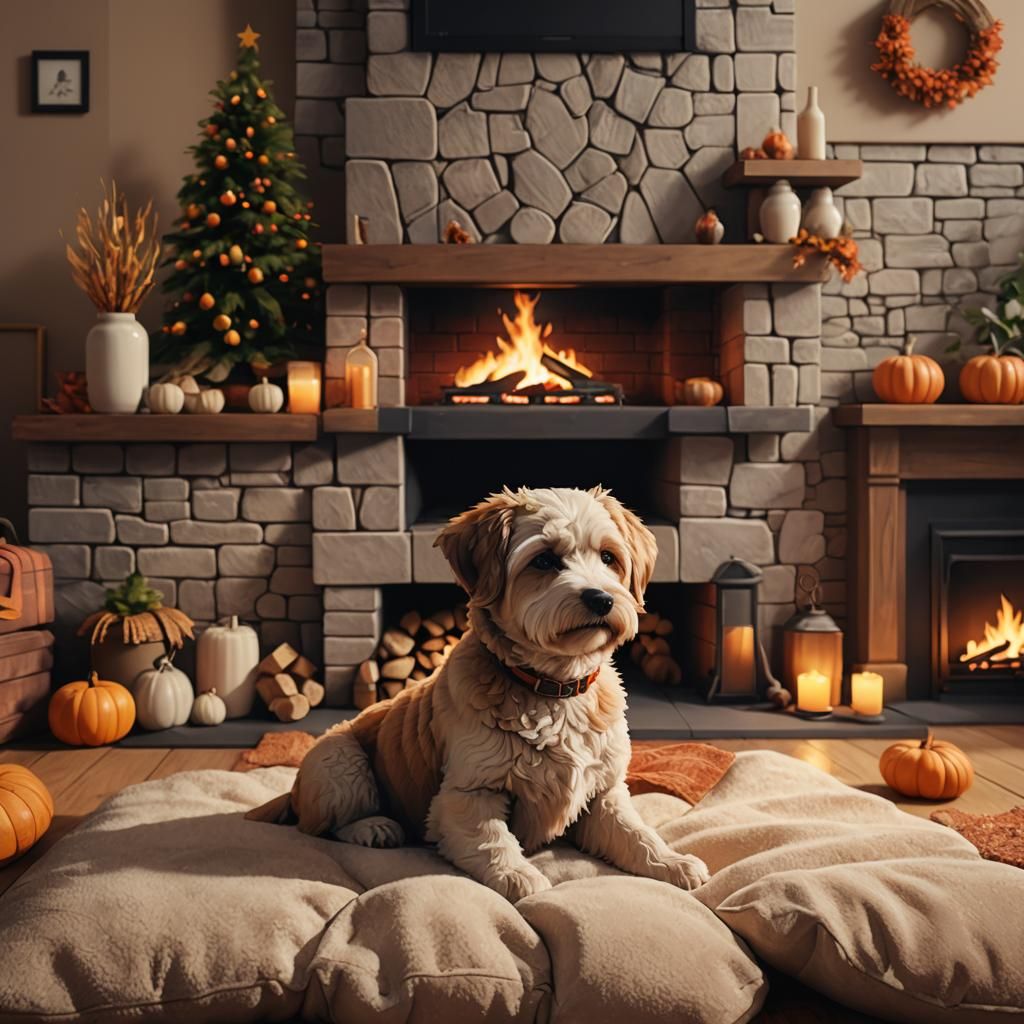 Cute Dog by Fireplace in Anime Style