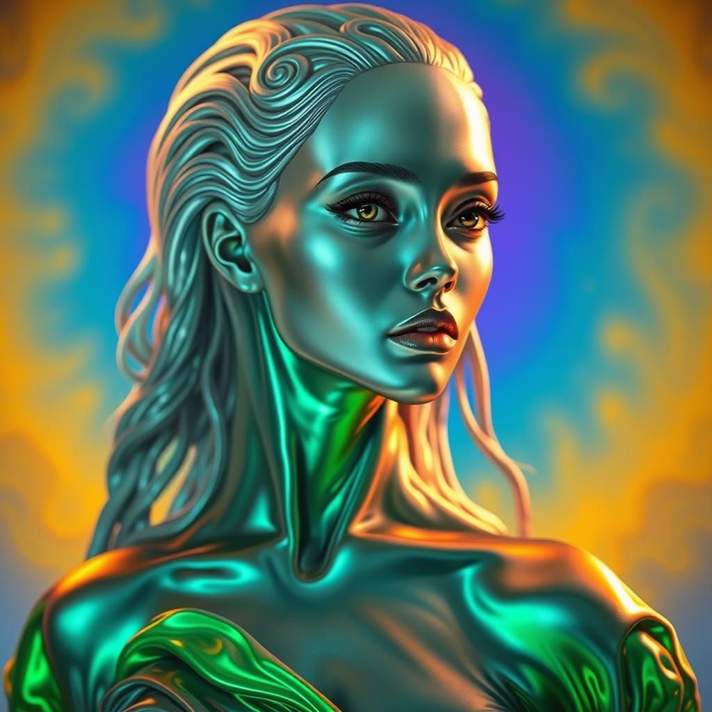 Stunning Woman with Metallic Skin and Silvery Hair in Irides...