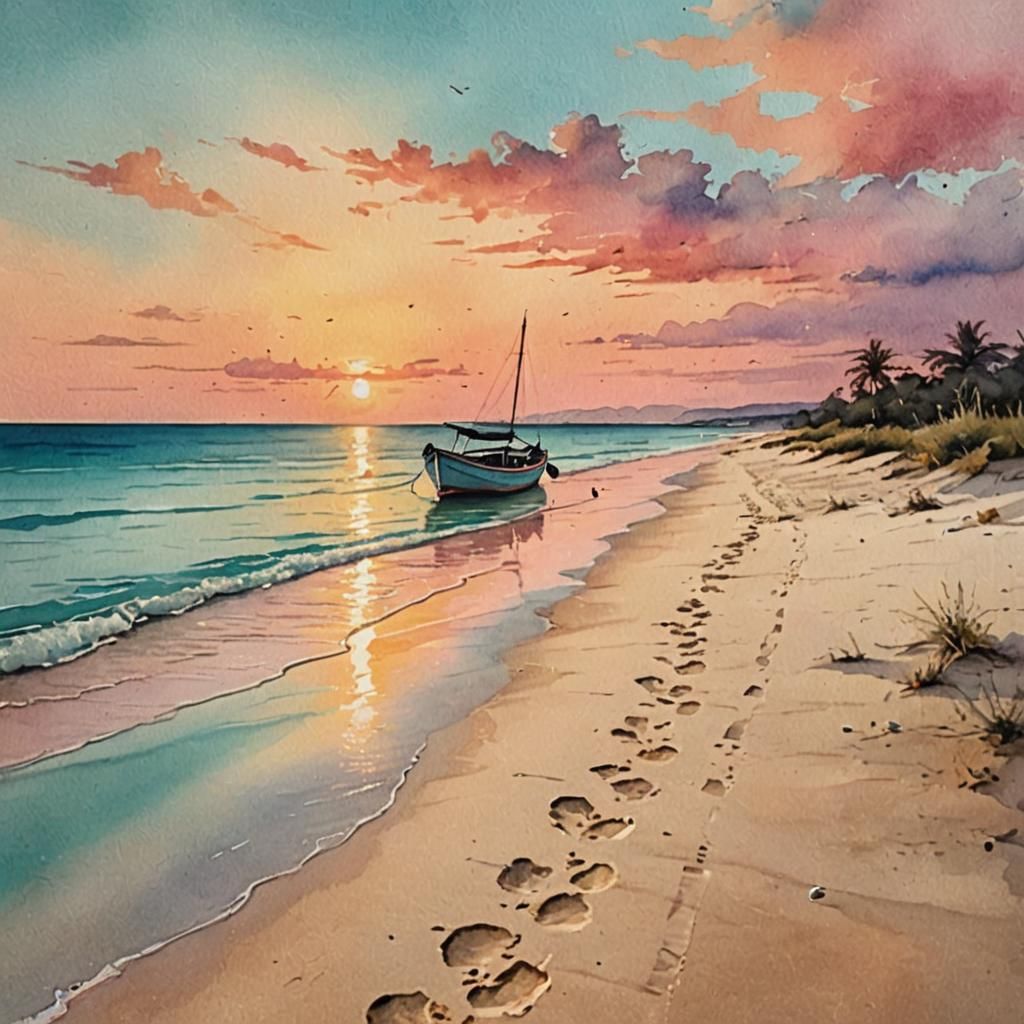 Beach, with footprints in the sand, turquoise water, small boat, sunset with hues of pink yellow and orange, watercolor...