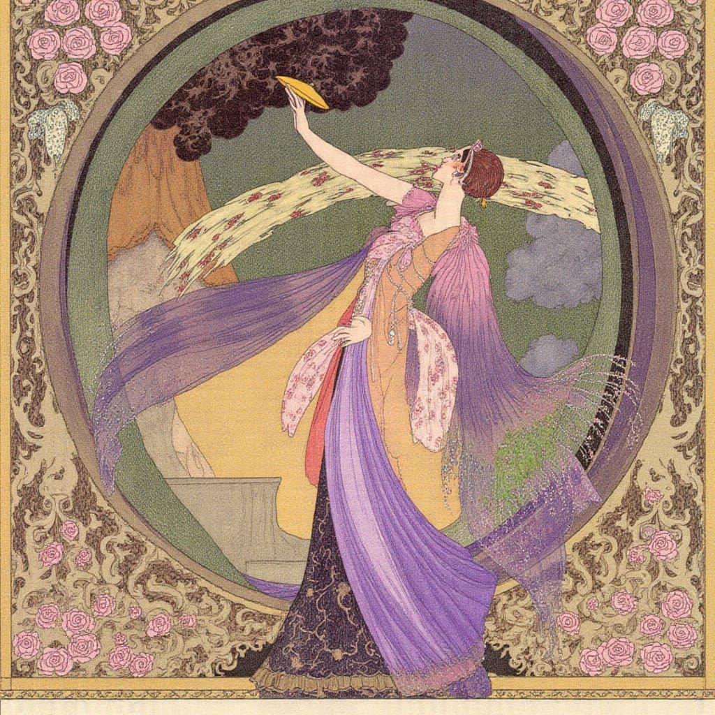 Art Nouveau Fairy Witch Adorned in Gold and Purple Hues