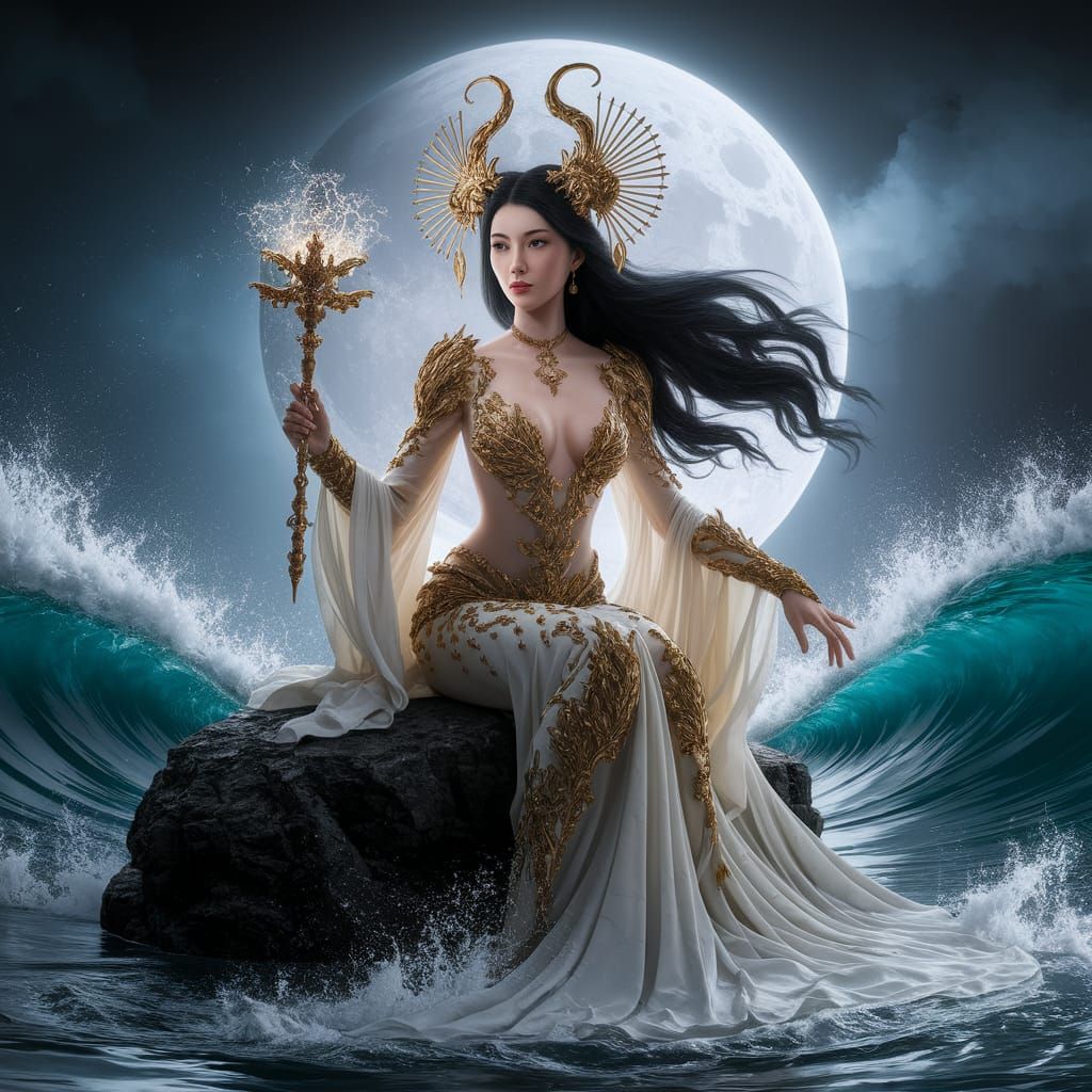 Mysterious Chinese Sorceress in Stormy Seas, Photorealistic