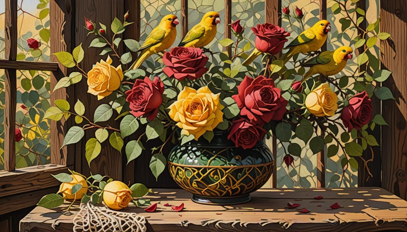 Gouache Still Life: Red Roses, Yellow Parakeets, and Branche...