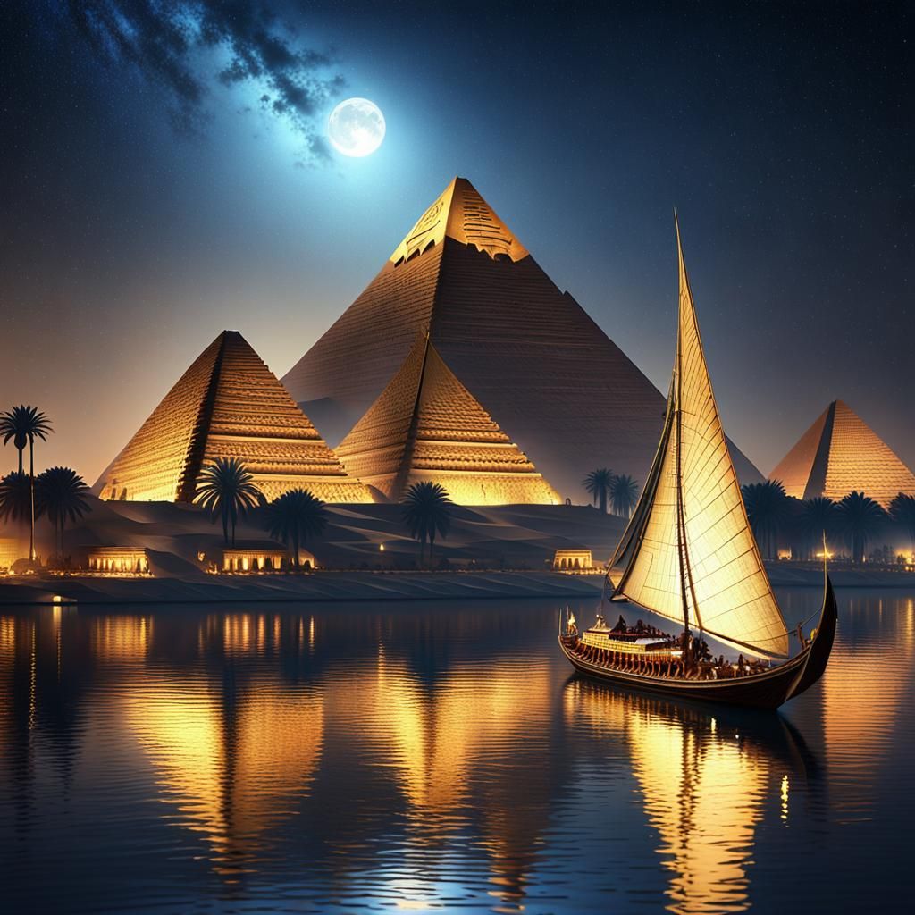 Ancient Egyptian boats sailing on the tranquil River Nile un...
