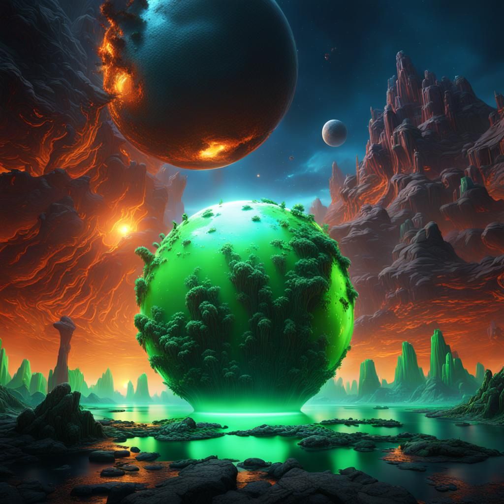 Green Planet Rising from Liquid Metal Pool