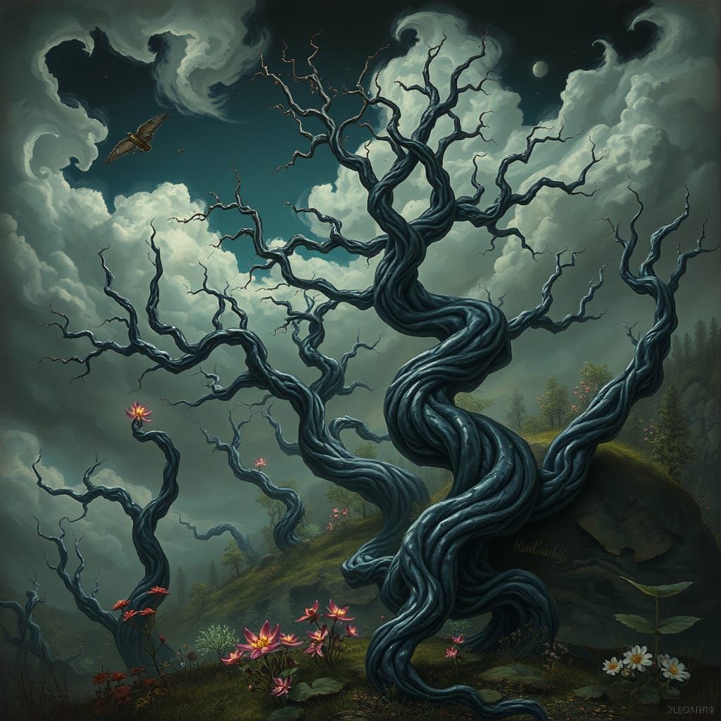 Surreal Chrome Trees Reflect Bioluminescent Flora