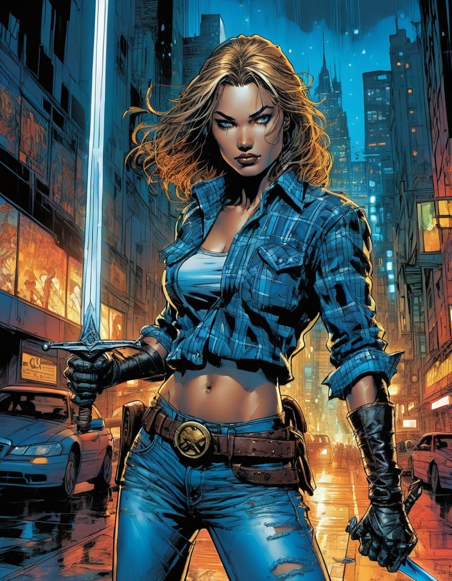 Female Knight with Magical Sword in Urban Fantasy Art