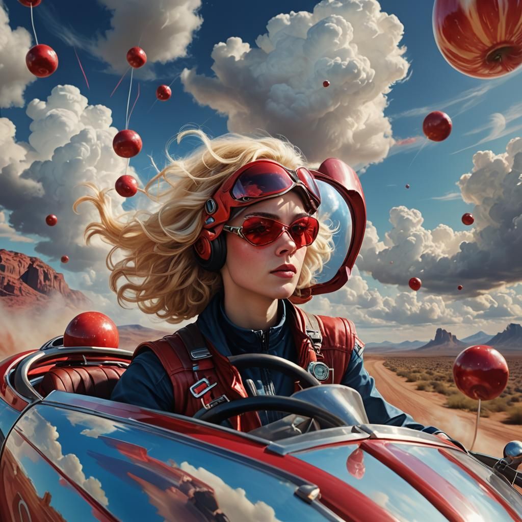Sci-Fi Woman in Red Goggles Driving Landspeeder
