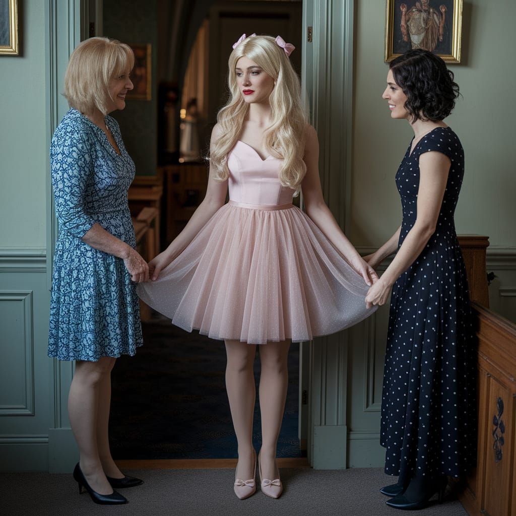 Embarrassed Young Man in Bridesmaid Dress at Church