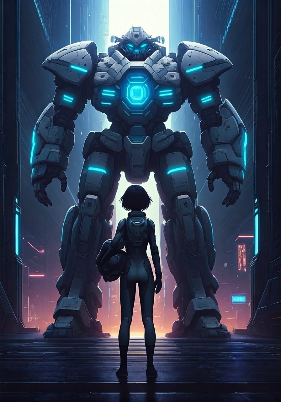 Mecha Pilot in Whimsical Futuristic Cityscape