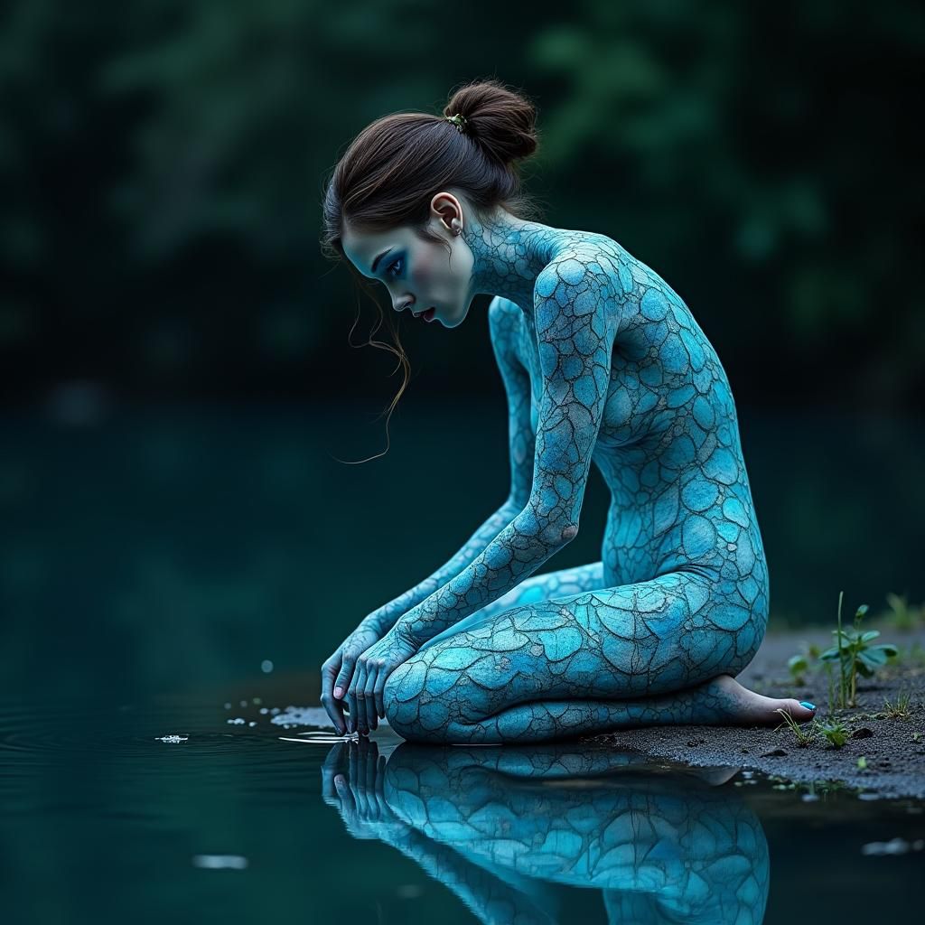 Leaf Adorned Woman Gazing into Pond, Digital Art
