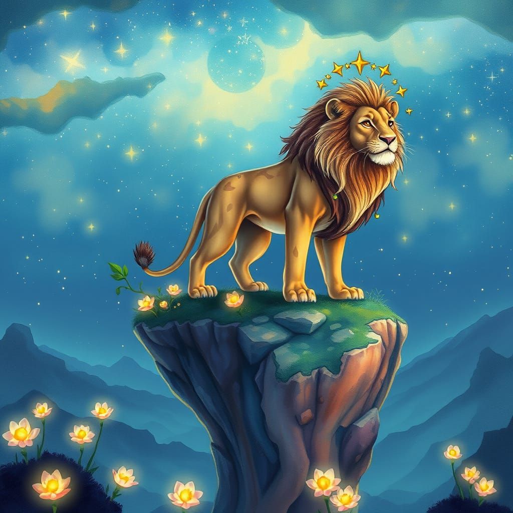 An adventurous lion, adorned with celestial markings, stands...