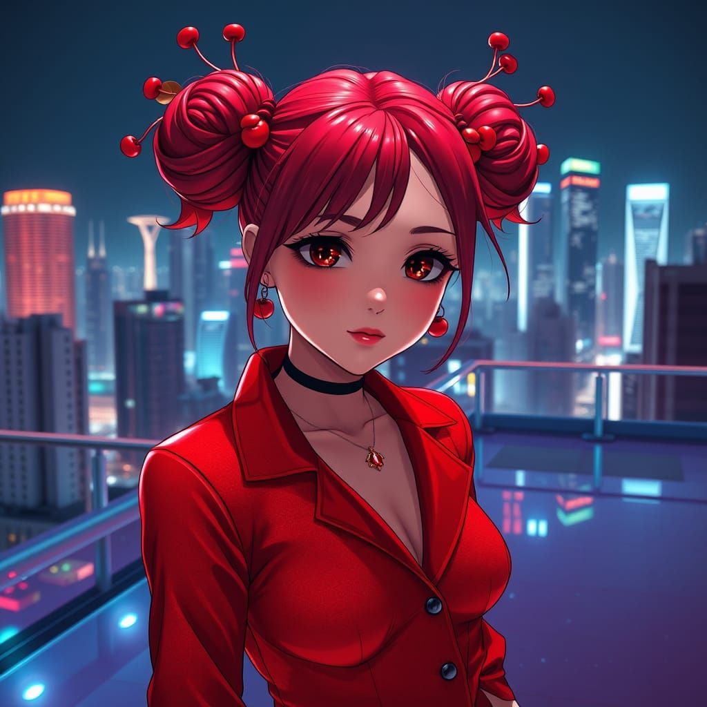 Red-Skinned Girl on a Glowing Rooftop: 3D Anime Art