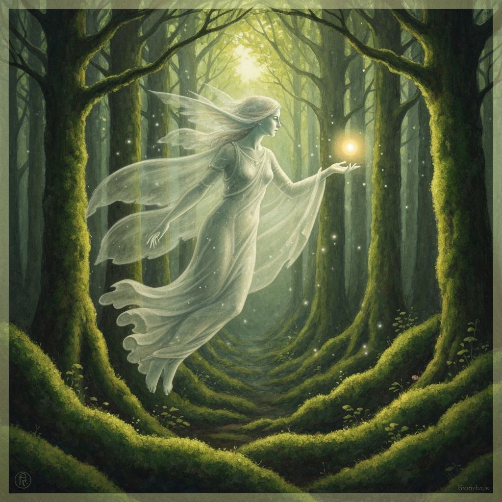 Ethereal Banshee Reaching for Healing Orb in Forest