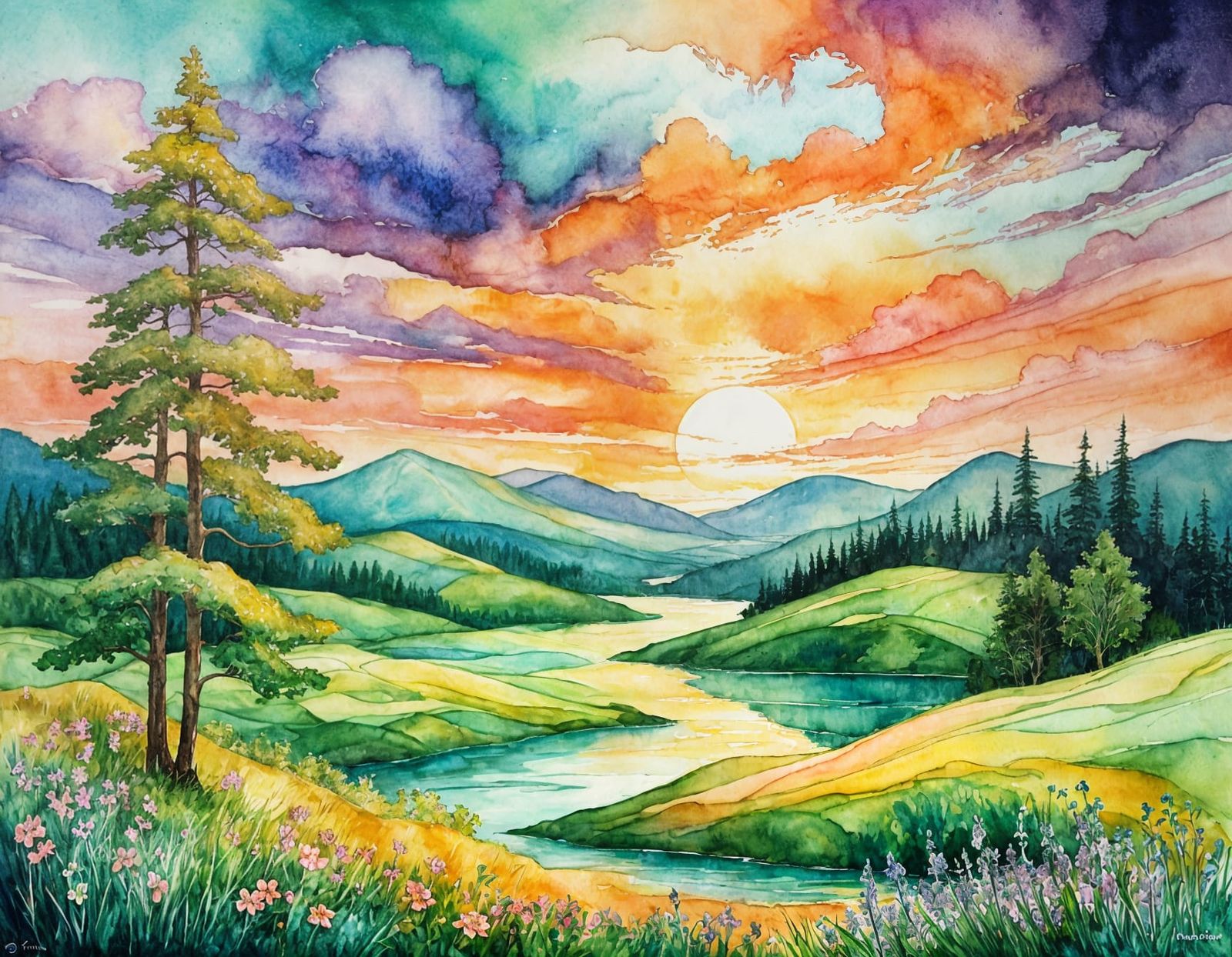 Fantasy Summer Sunset Watercolor Illustration