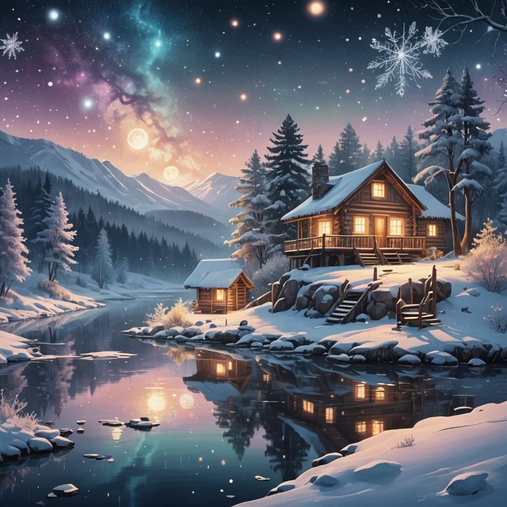 Moonlit Cabin: A Cosmic Mixed Media Illustration