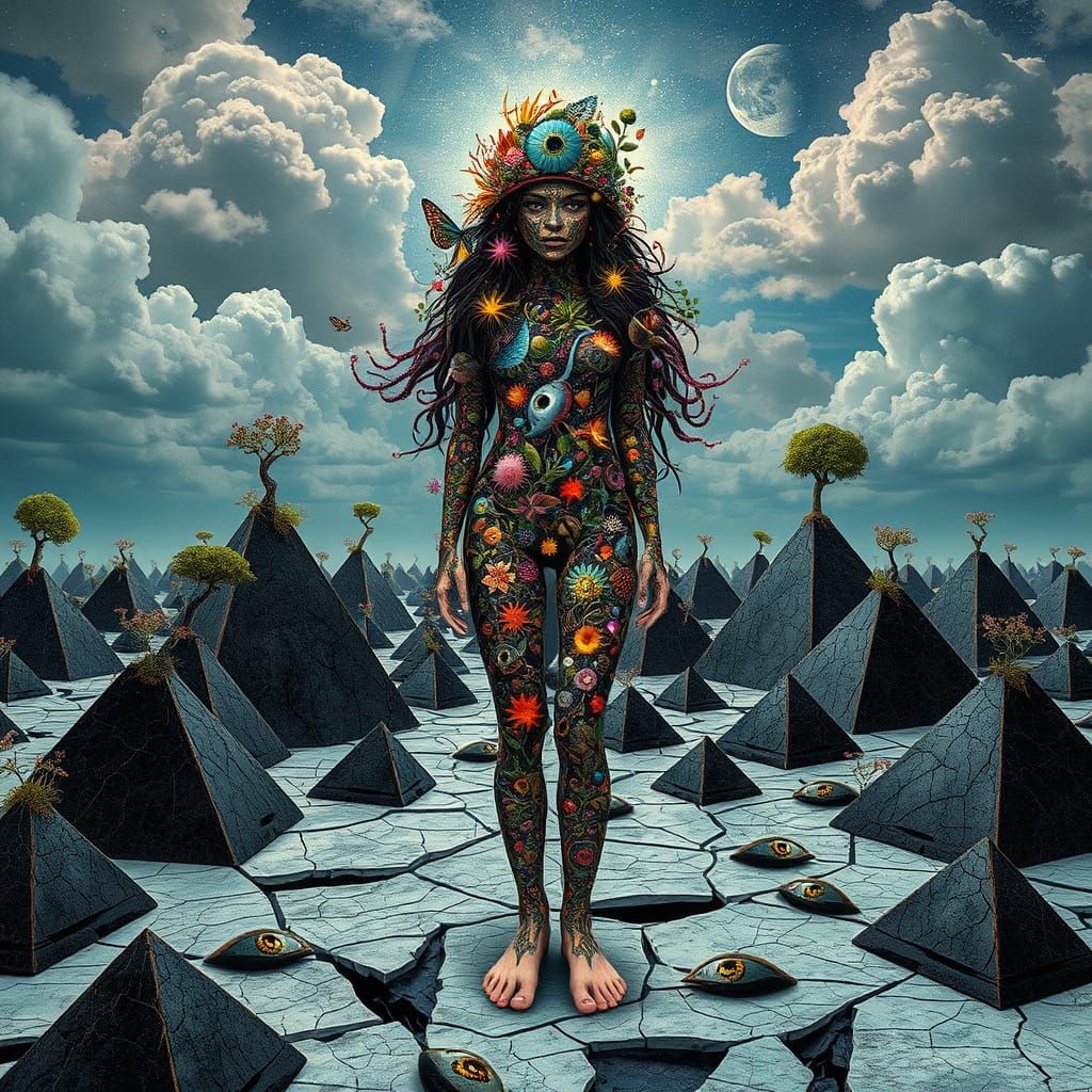 Woman Composed of Vibrant Tools Tribe Walks on Black and Whi...