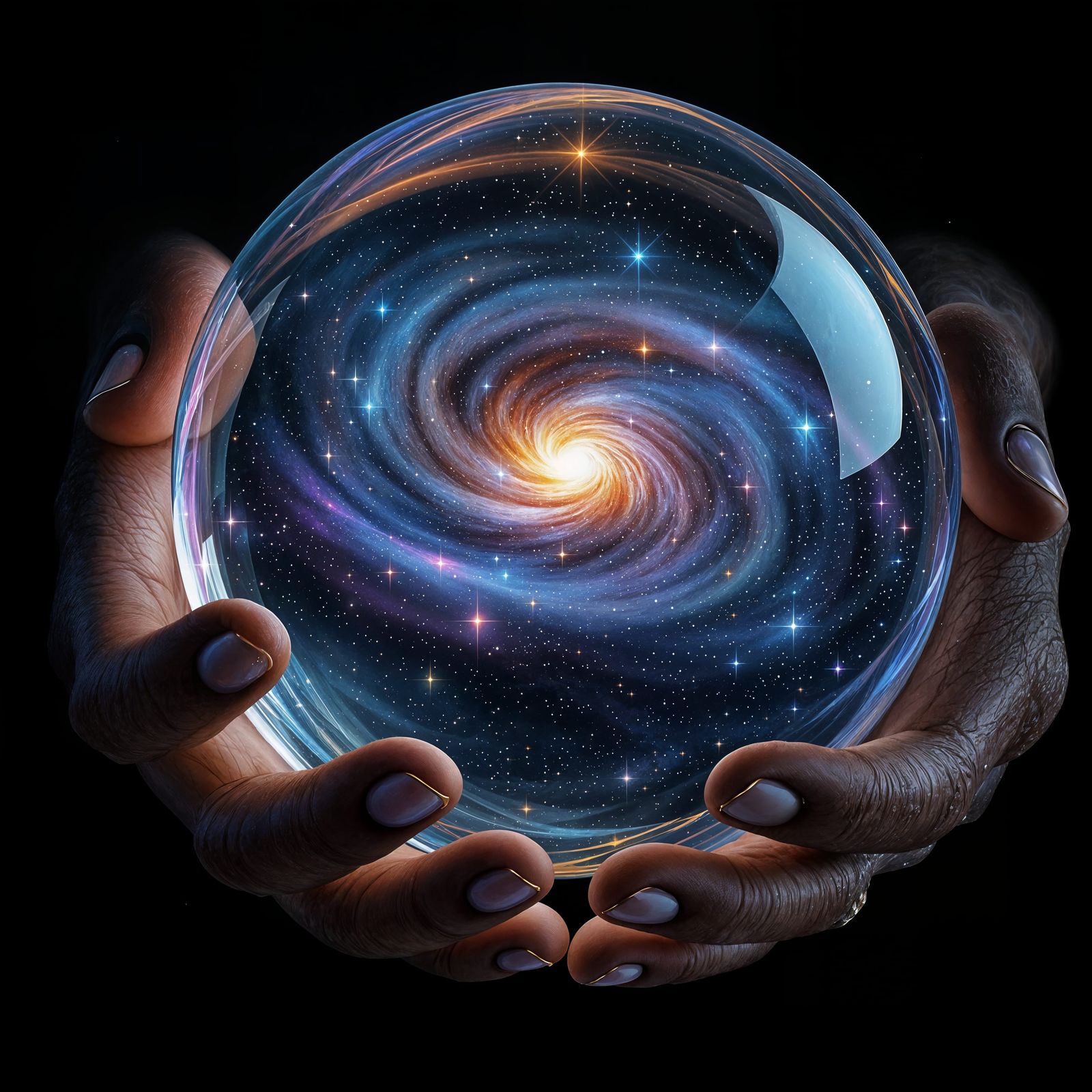Mystical Sorcerer Holds Crystal Orb with Swirling Galaxy