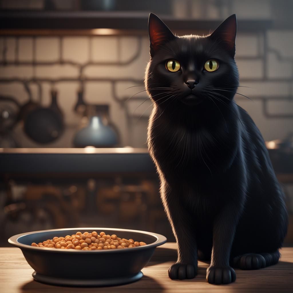 Black Cat and Empty Bowl in 3D Cinematic Style