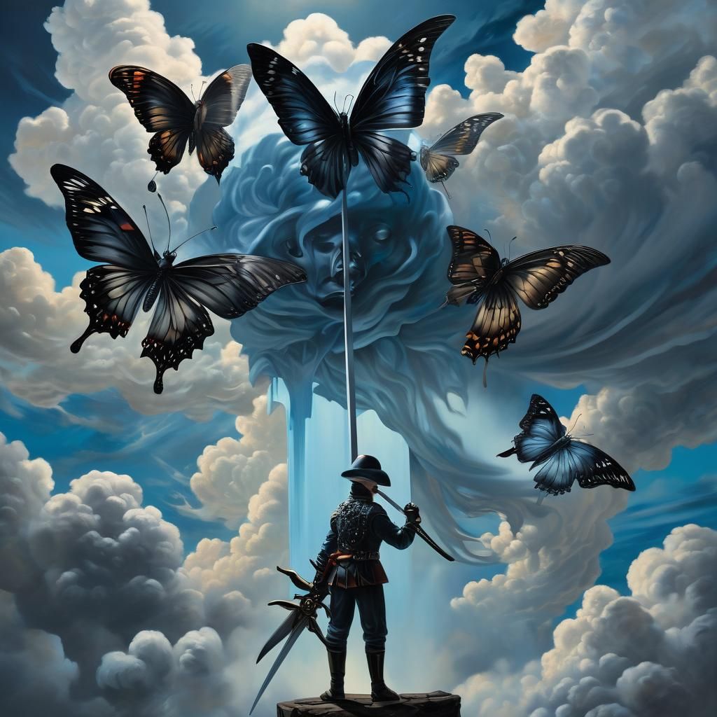 Surreal Man with Sword in Gothic Oil Painting Style