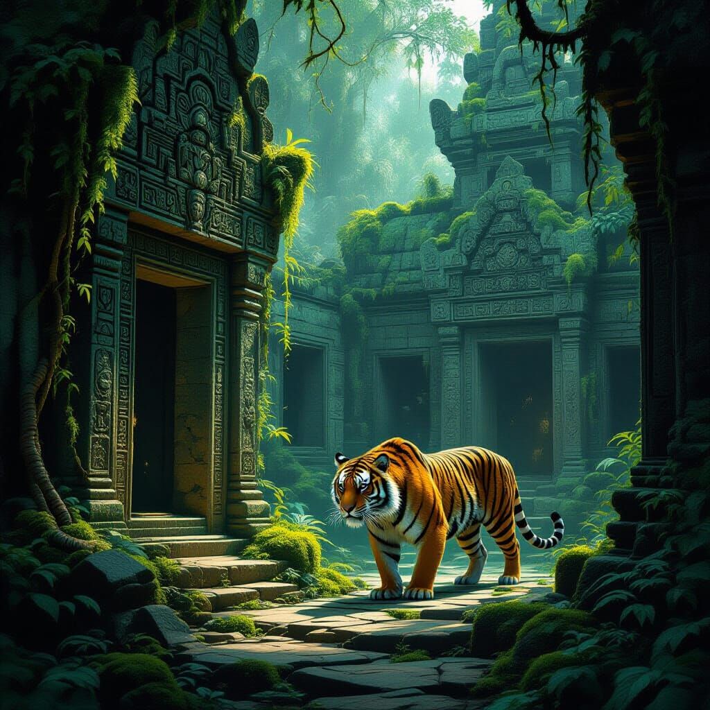 Ancient Tiger in Luminous Temple Illustration
