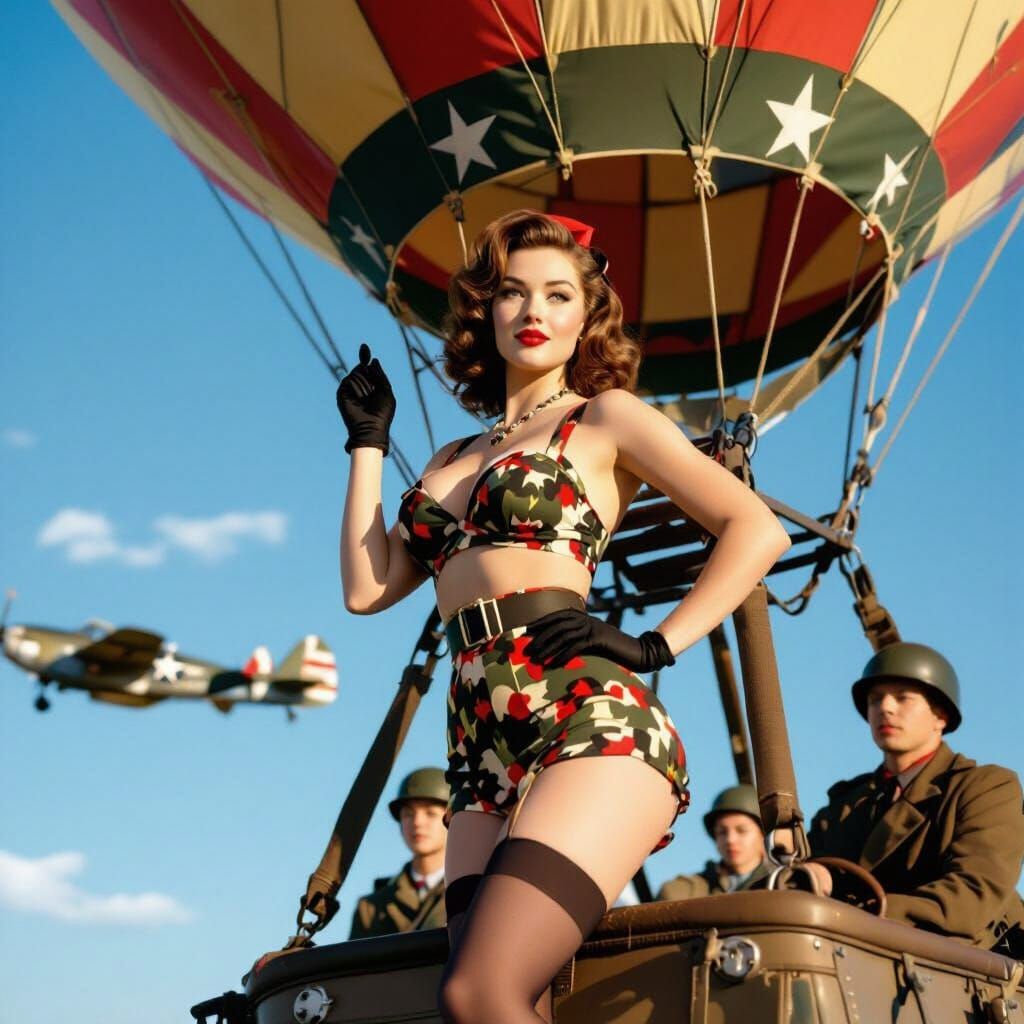 Vintage Pin-Up Girl in WWII Balloon, 1960s Photo Style