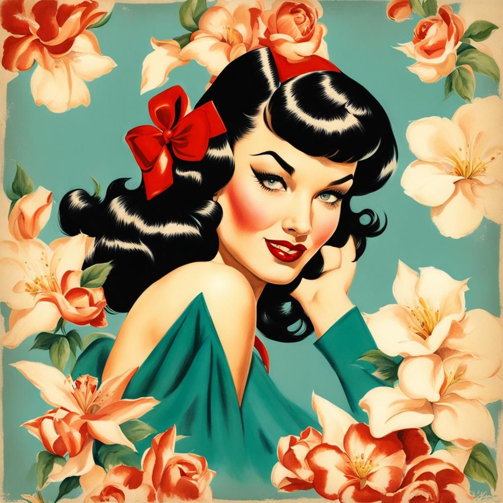 Bettie Page flirty pinup in the style of Alberto Vargas