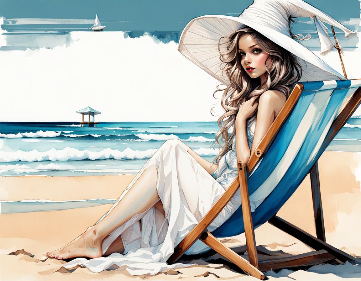 White Witch with Pointed Hat on Beach