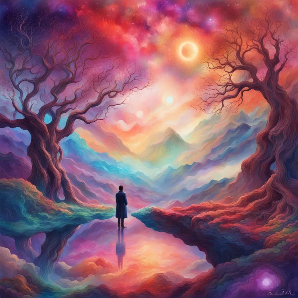 Surreal Dreamscape with Cosmic Watercolor Elements