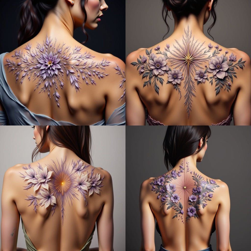 Starburst Tattoo Design with Floral Accents