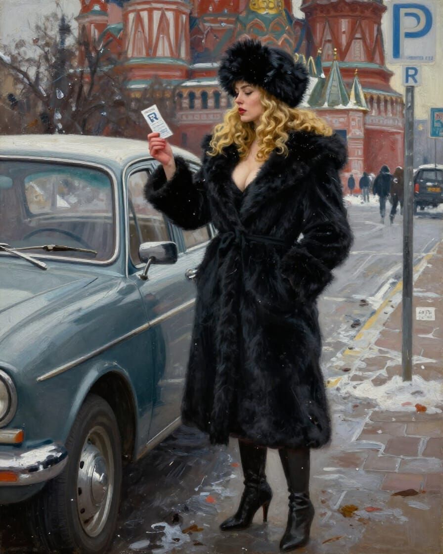 Woman in Fur Coat Views Parking Ticket in Winter Moscow