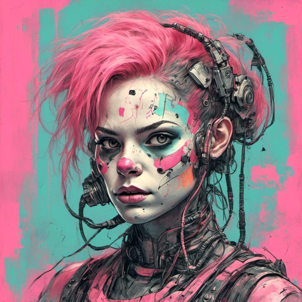 Cyborg Clown Portrait in Mixed Media Style