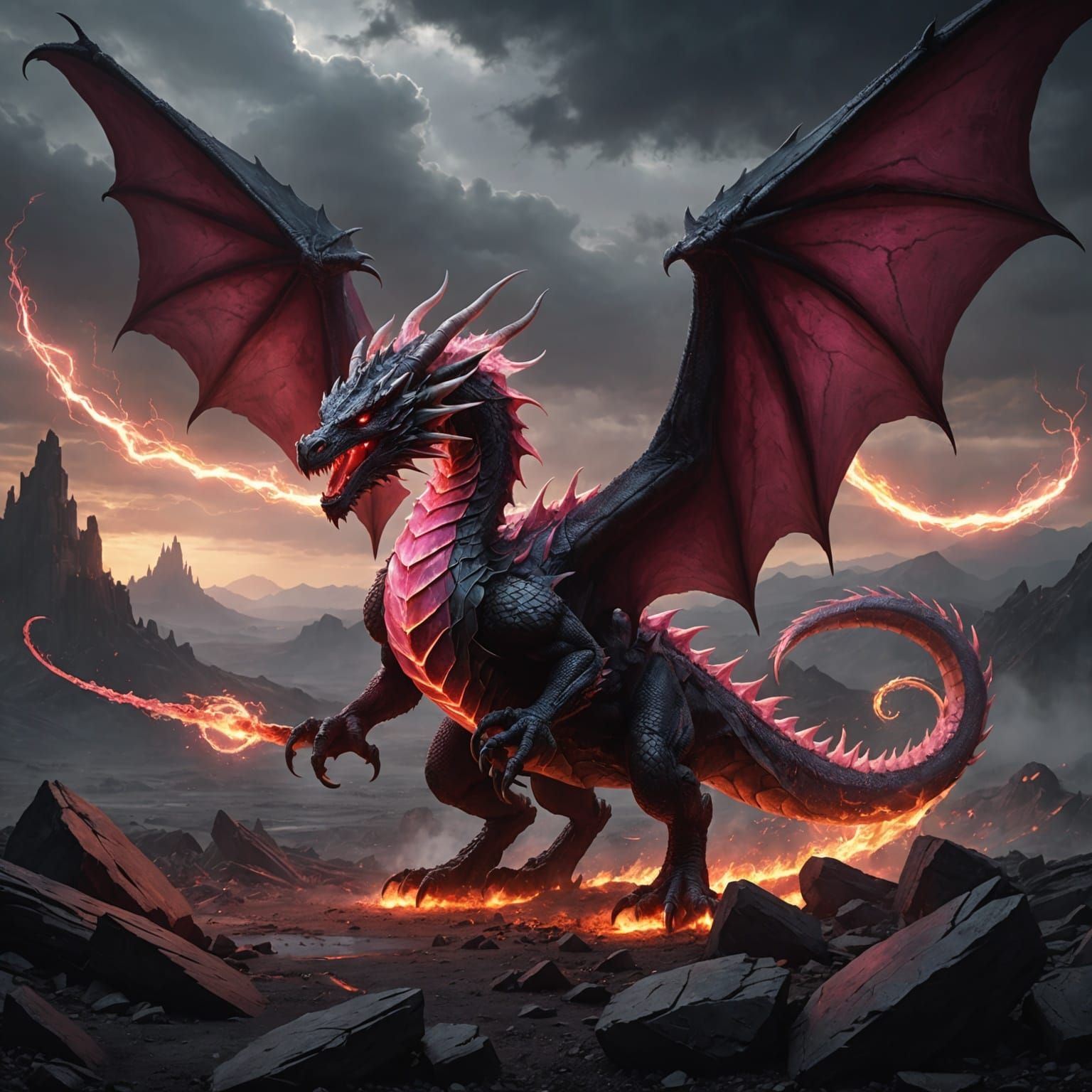 Dragon with Ethereal Wings in Barren Wasteland