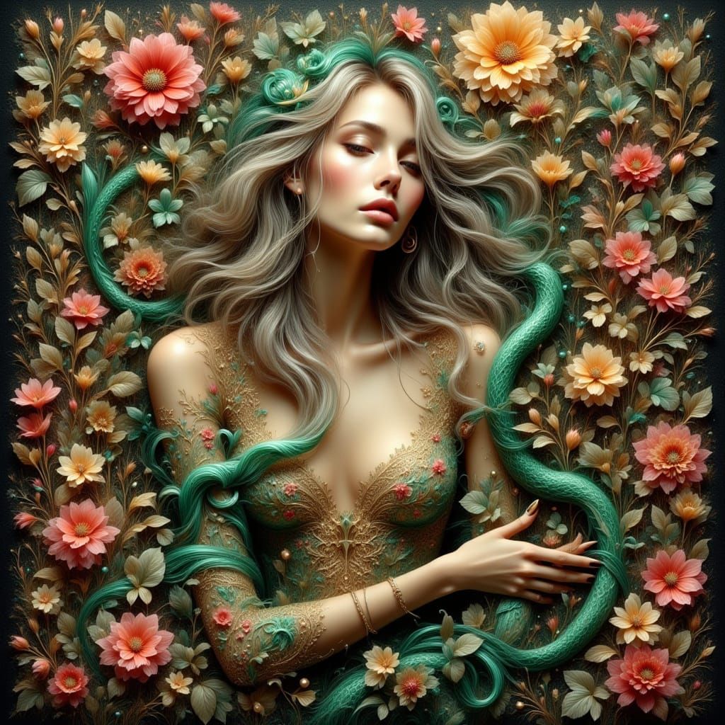 Surreal Digital Painting of Eve in a Maximalist Paradise