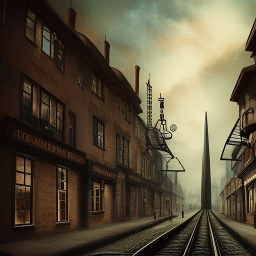 Steampunk Man Walks Beside Flying Train