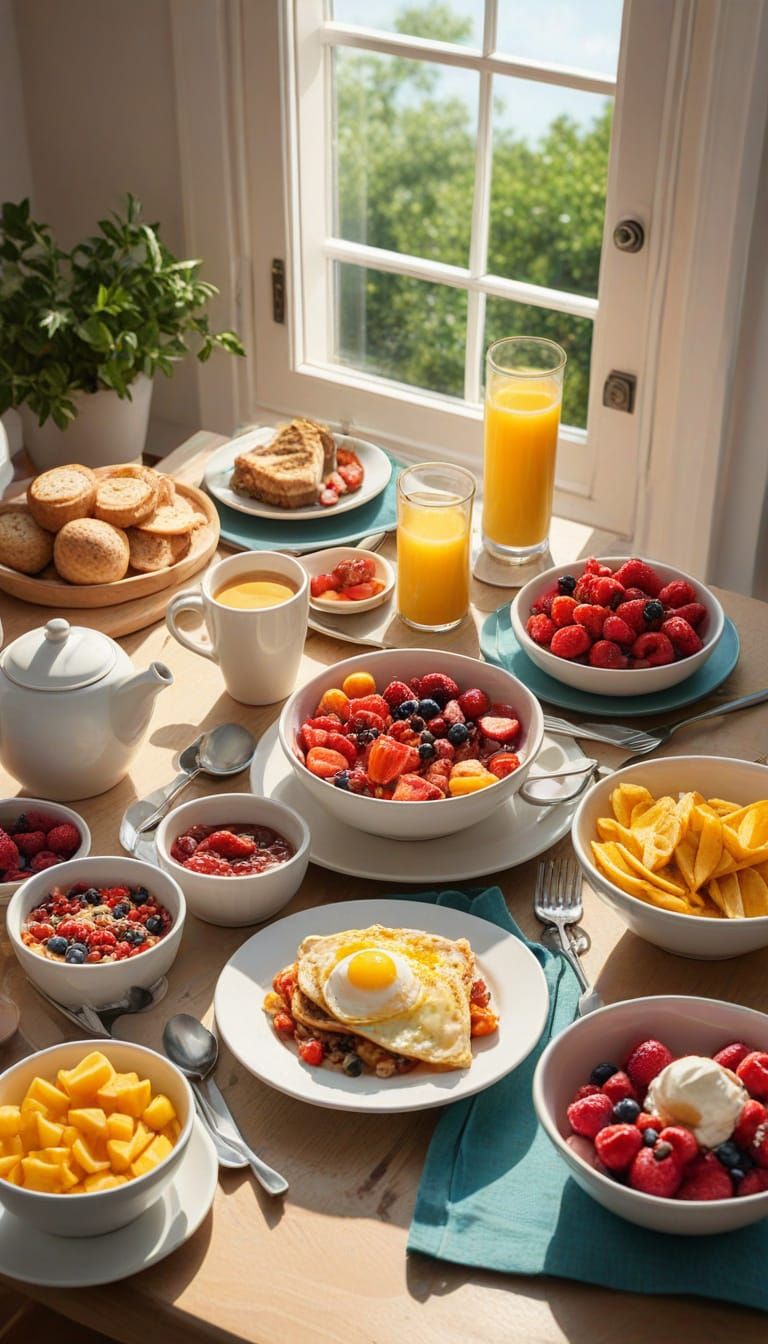 Vibrant Breakfast Table Bathed in Golden Hour Sunlight
